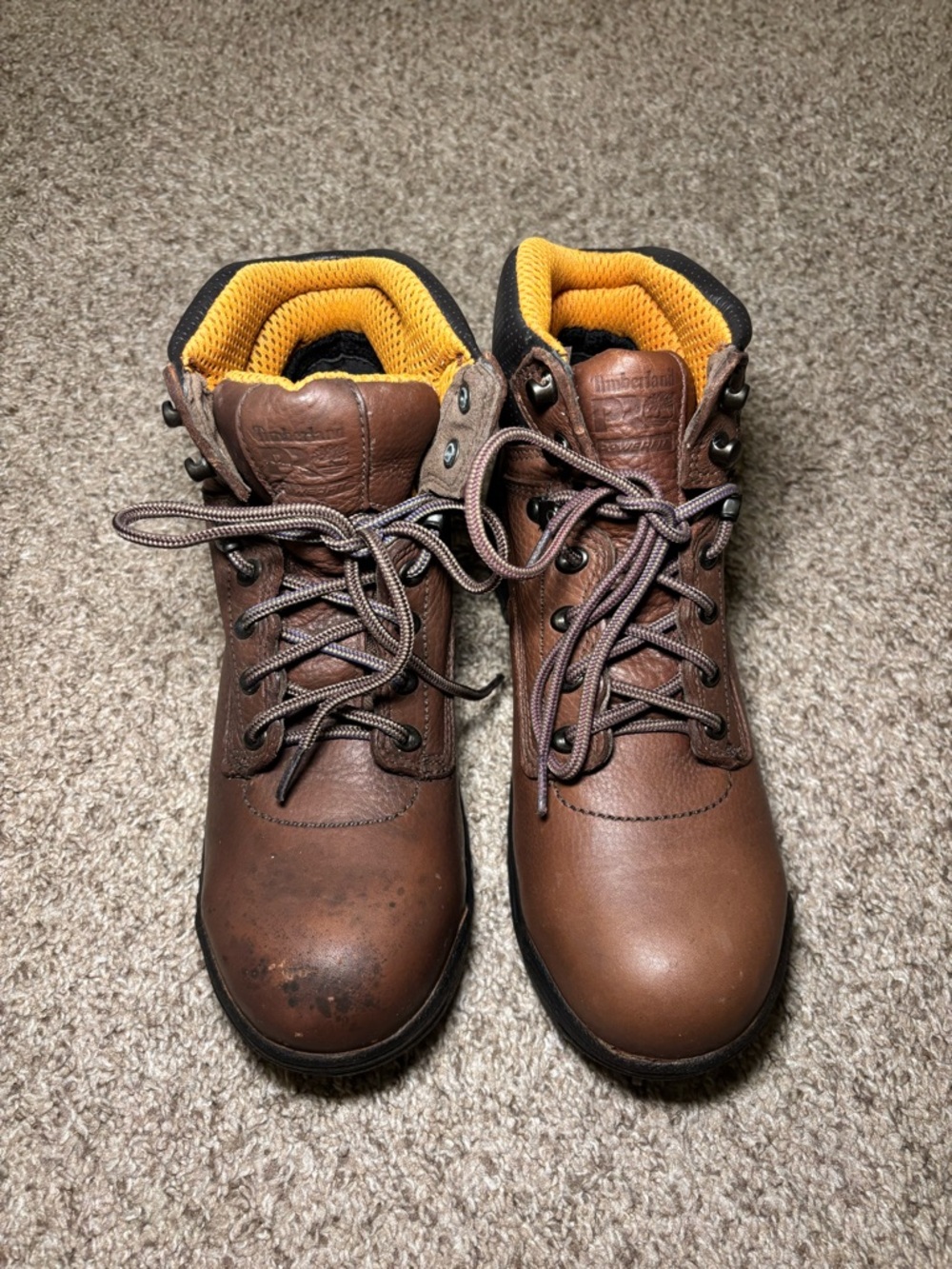 Women’s Timberland Brown Leather Work Boots with Yellow Lining